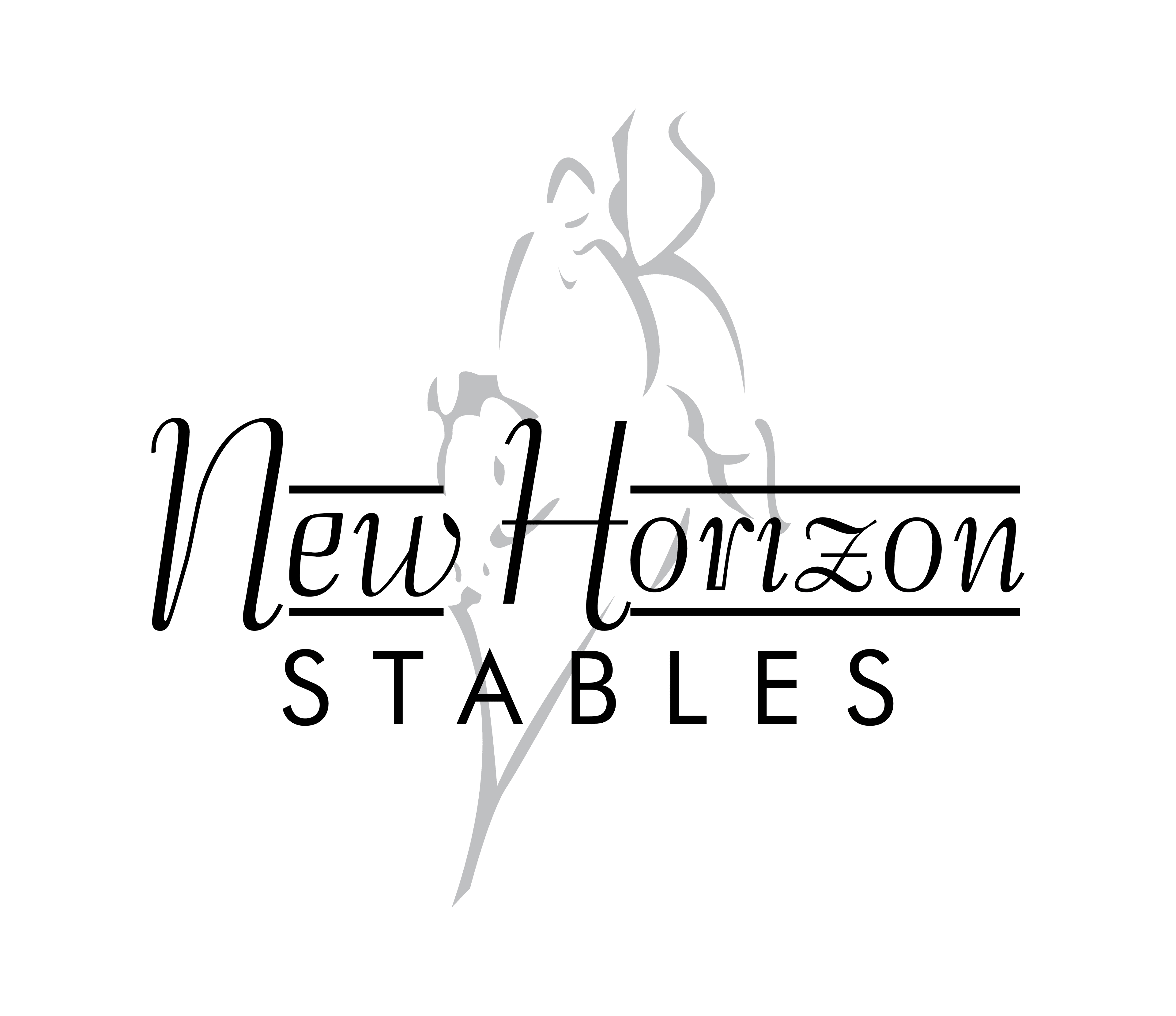 Logo for New Horizon Stables, outline of rider jumping on horse