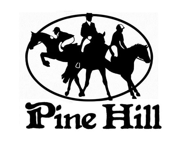 Logo for pinehill. three riders two jumping, one doing dressage.