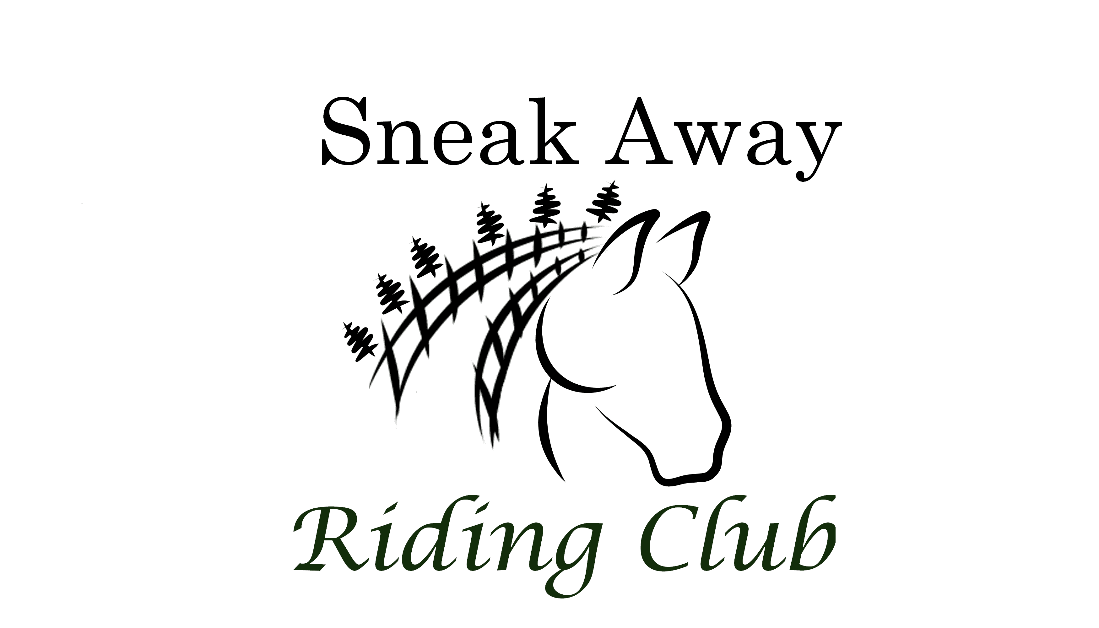 Logo for riding warehouse, outline of horse head with "Sneak Away Riding Club"